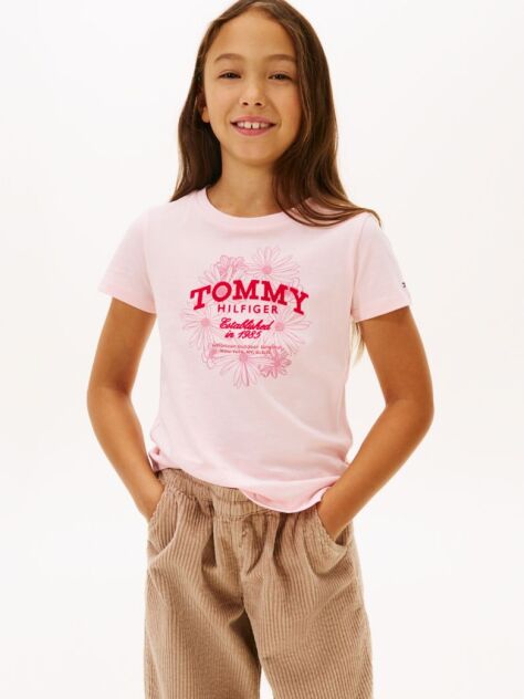 Pink Floral Flock Logo Slim T-Shirt  Girls