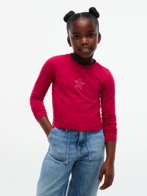 Red Diamanté Star Flag Extra Slim Long Sleeve T-Shirt  Girls
