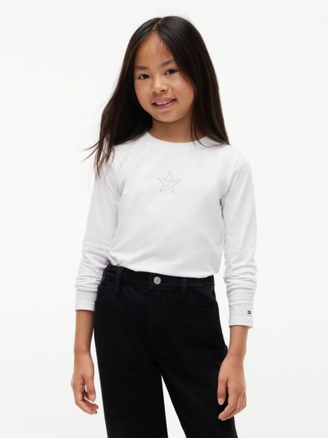 White Diamanté Star Flag Extra Slim Long Sleeve T-Shirt  Girls
