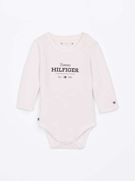 White Hilfiger Monotype Long Sleeve Bodysuit  Newborn