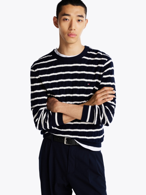 Multi Cable Knit Crew Neck Jumper  Men