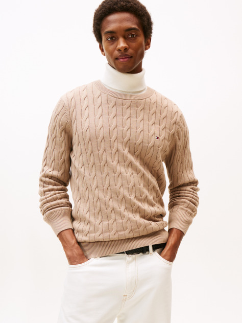 Beige Cable Knit Crew Neck Jumper  Men