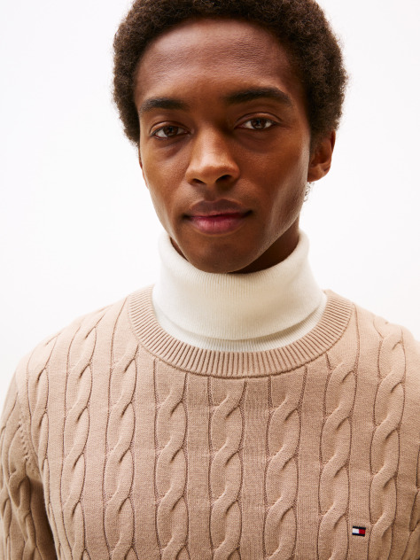 Beige Cable Knit Crew Neck Jumper  Men