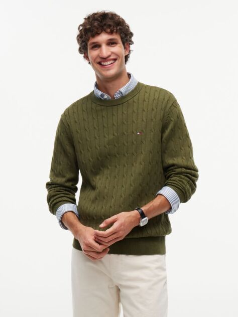 Green Cable Knit Crew Neck Jumper  Men