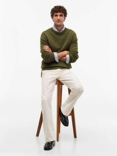 Green Cable Knit Crew Neck Jumper  Men
