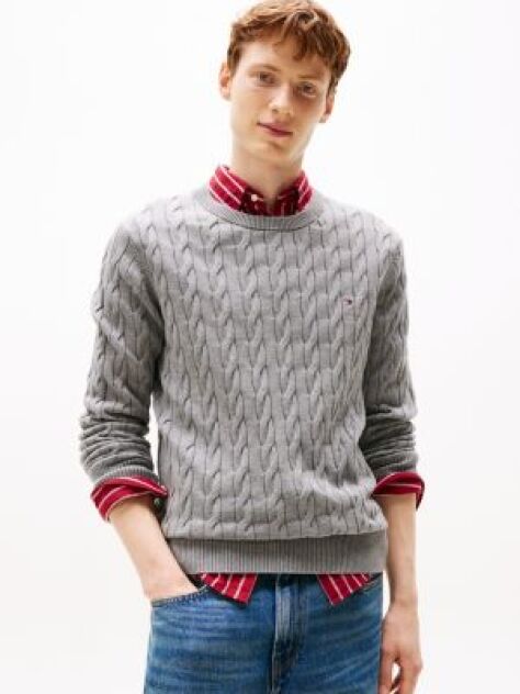 Grey Cable Knit Crew Neck Jumper  Men
