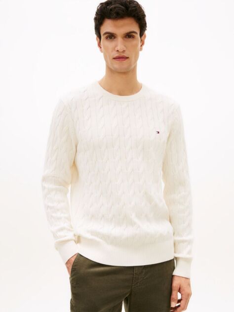 Beige Cable Knit Crew Neck Jumper  Men