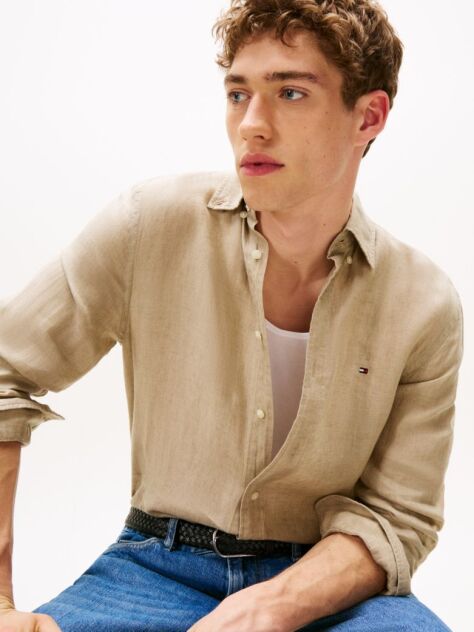 Beige Pigment Dyed Linen Regular Fit Shirt  Men