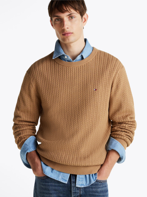 Brown Herringbone Knit Crew Neck Jumper  Men
