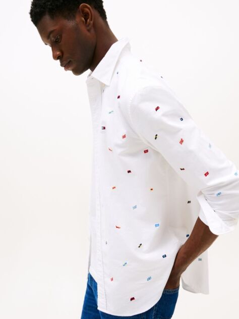 White Relaxed Fit Flag Embroidery Oxford Shirt  Men