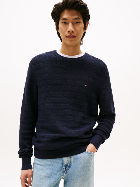Blue Textured Stripe Crew Neck Jumper  Men
