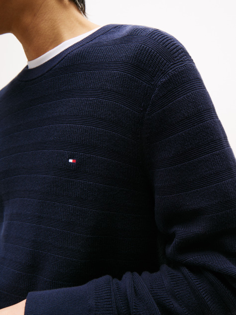 Blue Textured Stripe Crew Neck Jumper  Men
