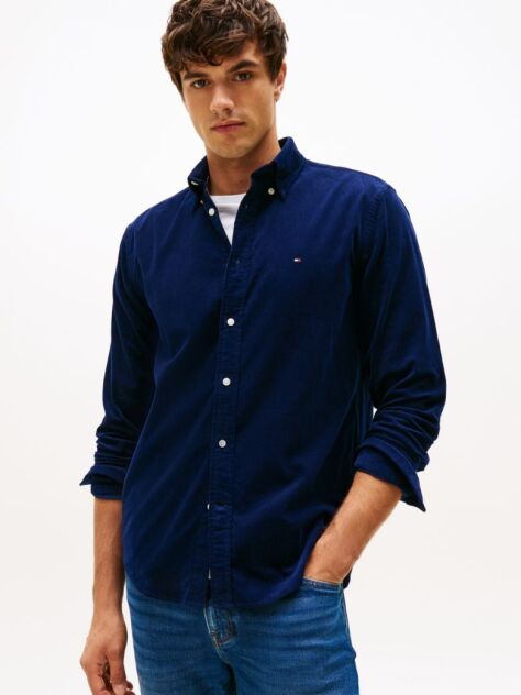 Blue Regular Fit Flag Embroidery Corduroy Shirt  Men