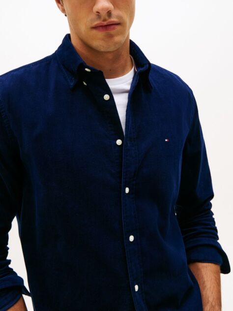 Blue Regular Fit Flag Embroidery Corduroy Shirt  Men