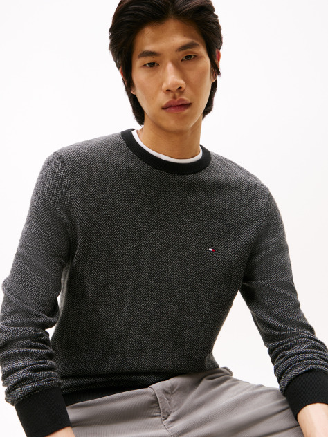 Grey Herringbone Knit Jumper With Cashmere  Men