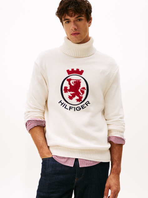 Beige Intarsia TH Crest Relaxed Roll Neck Jumper  Men