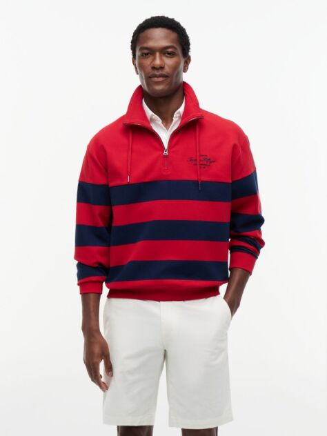 Red Stripe Mock Neck Quarter-Zip Sweatshirt  Men