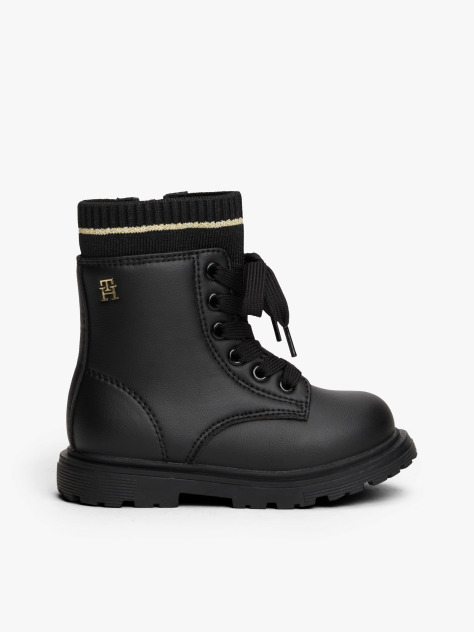 Black Knit Cuff Cleat Ankle Boots  Girls