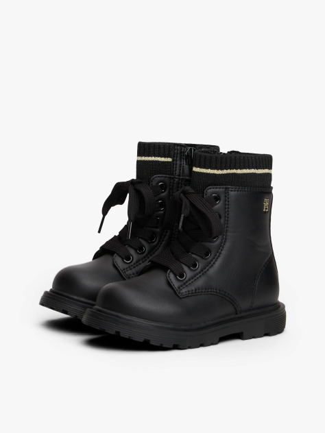 Black Knit Cuff Cleat Ankle Boots  Girls
