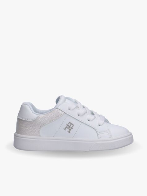 White Shimmering Lace Up Low Cut Sneakers  Girls