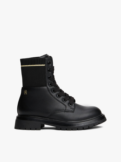 Black Rib-Knit Cleat Lace-Up Ankle Boots  Girls