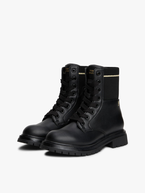 Black Rib-Knit Cleat Lace-Up Ankle Boots  Girls