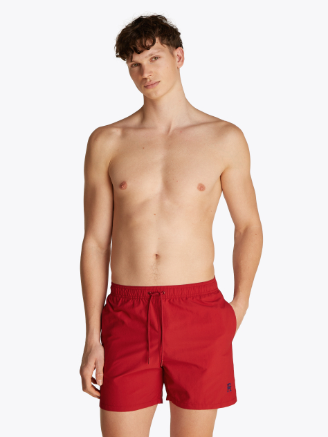 Red TH Monogram Mid Length Swim Trunks  Men