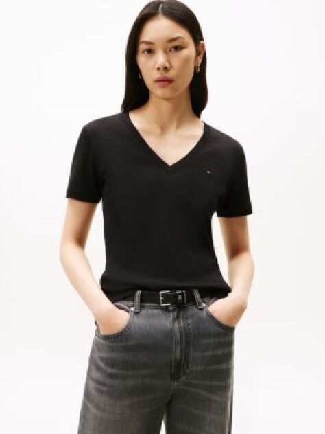Black Ribbed V-Neck Slim Fit T-Shirt  Women