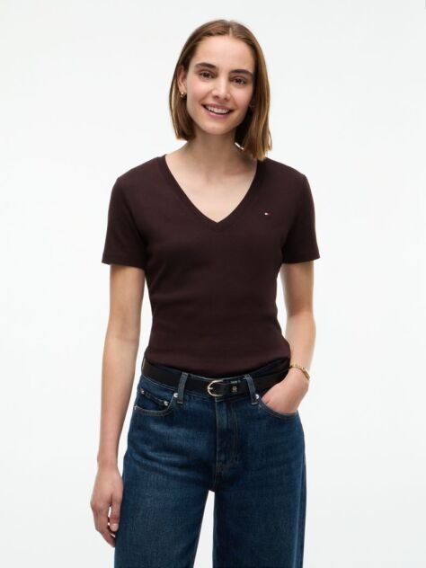 Brown Ribbed V-Neck Slim Fit T-Shirt  Women