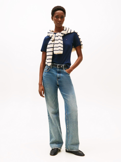 Blue Flag Embroidery Ribbed Slim T-Shirt  Women