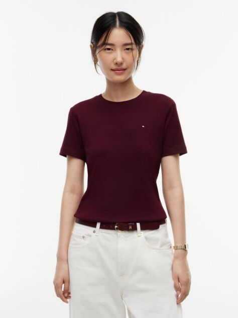 Red Flag Embroidery Ribbed Slim T-Shirt  Women