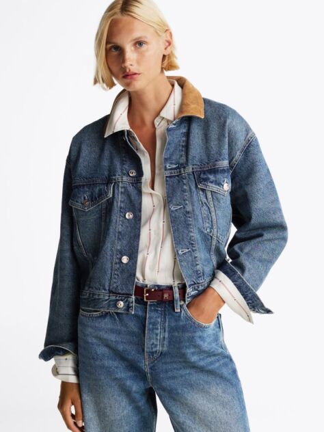 Blue Contrast Collar Relaxed Denim Trucker Jacket  Women