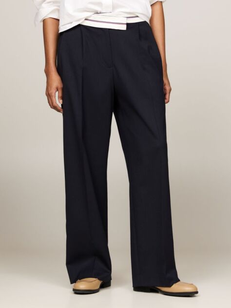 Blue Crossover Waistband Pleated Wide Leg Trousers  Women