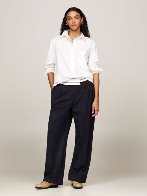 Blue Crossover Waistband Pleated Wide Leg Trousers  Women