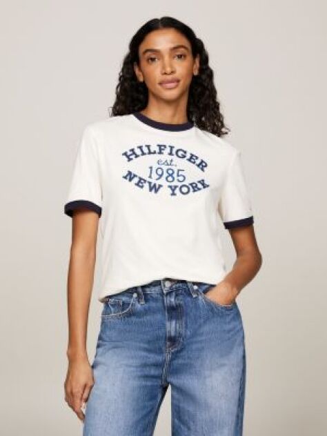 White Varsity Logo Contrast Trim T-Shirt  Women