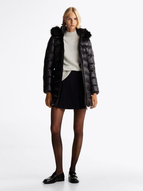 Black Down-Filled Glossy Hooded Puffer Coat  Women