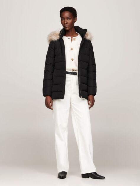Black Faux Fur Hooded Down Jacket  Women
