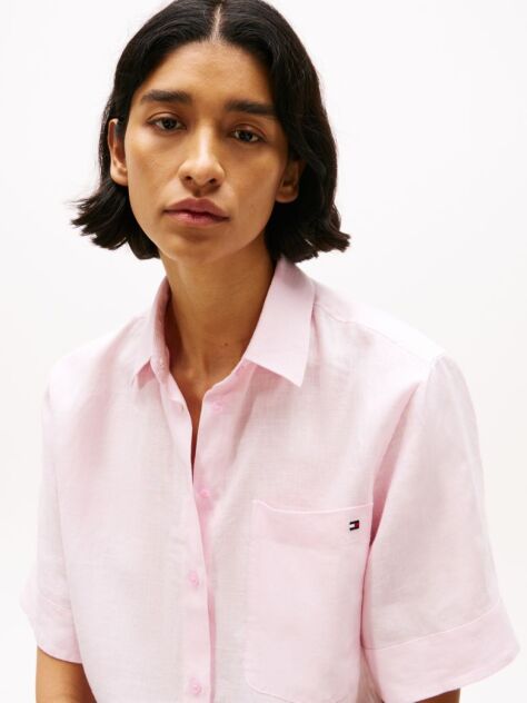 Pink Relaxed Fit Short Sleeve Linen Shirt  Women