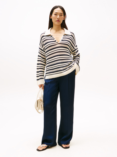 Blue Sateen Relaxed Straight Leg Trousers  Women
