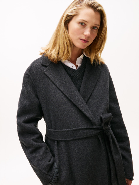 Grey Double-Faced Wool Blend Belted Longline Coat  Women