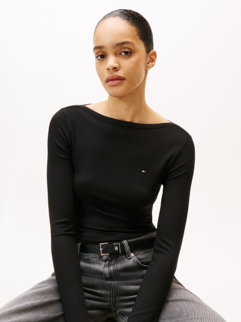 Black Ribbed Slim Boat Neck T-Shirt  Women