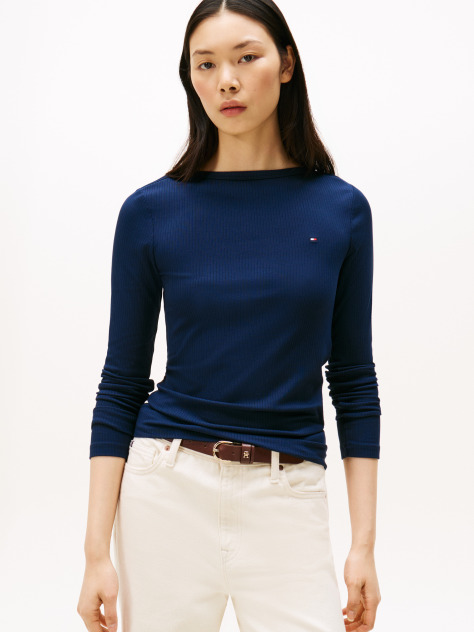 Blue Ribbed Slim Boat Neck T-Shirt  Women
