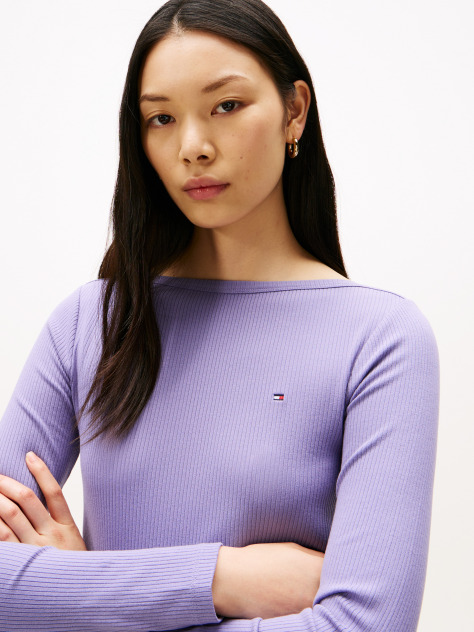 Purple Ribbed Slim Boat Neck T-Shirt  Women