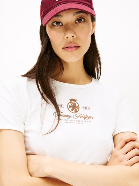 Beige Varsity Crest Slim Short Sleeve Tee  Women