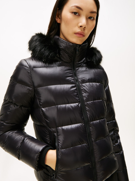 Black Shiny Water Repellent Down Hooded Jacket  Women