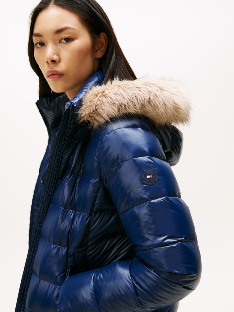 Blue Shiny Water Repellent Down Hooded Jacket  Women
