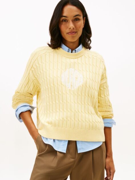 Yellow Logo Embroidery Relaxed Cable Knit Jumper  Women