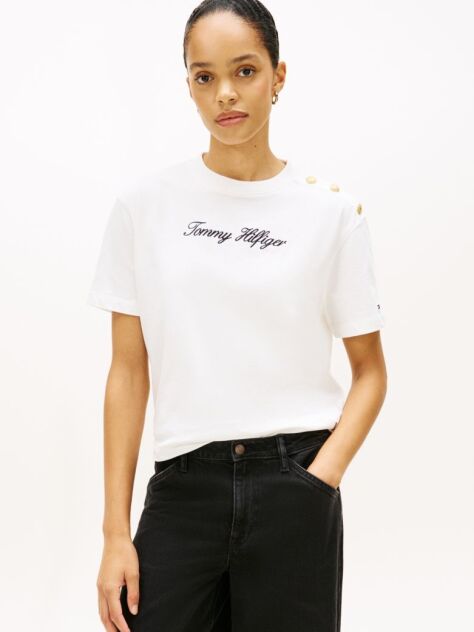 Beige Gold-Tone Button Logo Embroidery Relaxed T-Shirt  Women