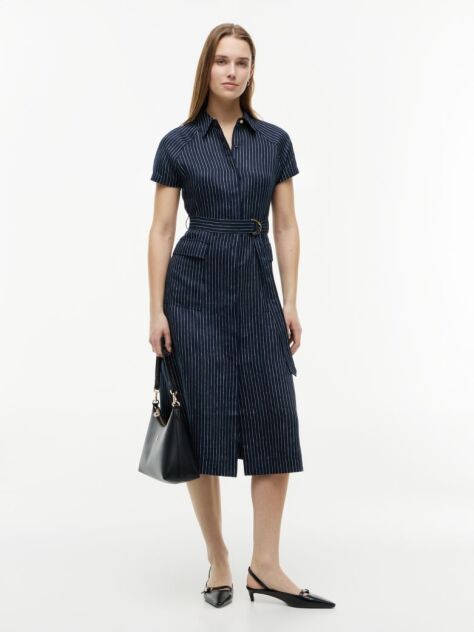 Multi Gold-Tone Button Pinstripe Dress With Linen  Women