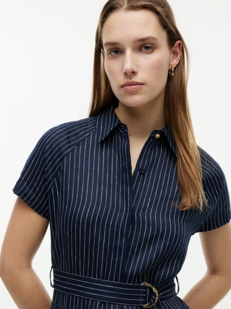 Multi Gold-Tone Button Pinstripe Dress With Linen  Women